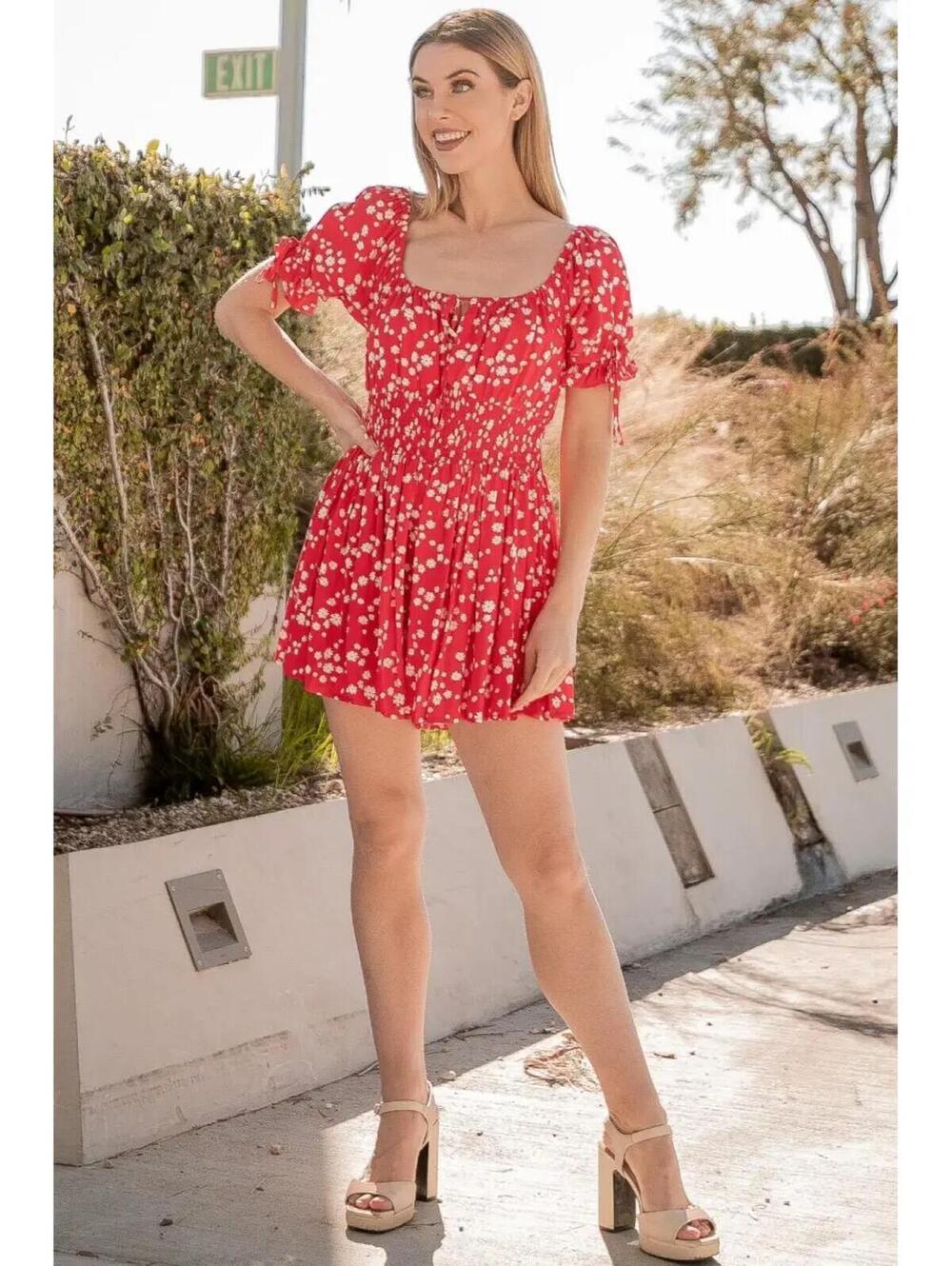 Verte Floral Print Smocked Puff Sleeve Tie-Front Romper Red